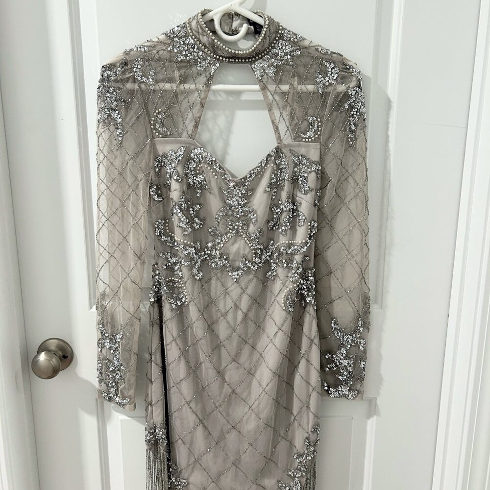 Boohoo Beaded Tassel Silver Mini Dress Long Sleeve - Picture 3 of 12
